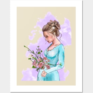 Girl in a dress with a rose bush Posters and Art